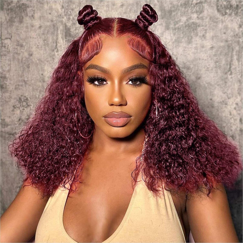 Flower Shadow 12Inch 99J Burgundy Water Wave Lace Front Wigs Human Hair Deep Curly Short Bob Wig Human Hair Pre Plucked 200% Density Lace Frontal Wigs For Black Wom Black,Red