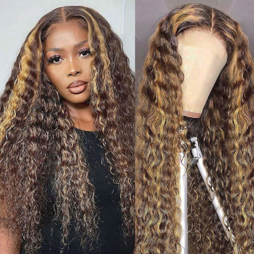 Tylokra Unisex 28Inch Highlight Ombre Lace Front Wig Human Hair 13X6 Hd Honey Blonde 4/27 Deep Wave Lace Frontal Wigs Glueless Wigs Human Hair