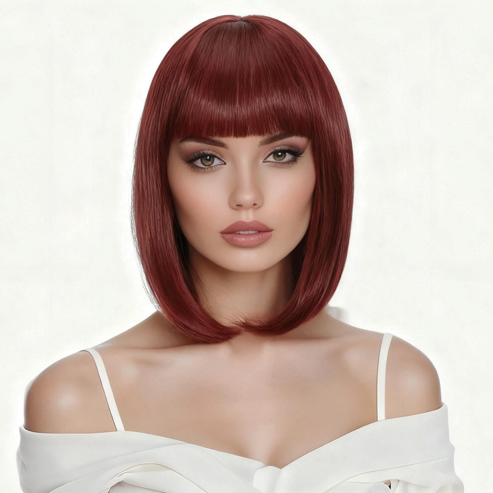 Svolna Short Bob Wig With Bangs, Synthetic Straight Hair Wigs For Women, 14 Inch Cosplay Costume Bob Wig (Burgundy)