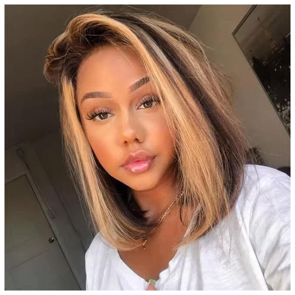 Mianduan Unisex Highlight Bob Wigs Human Hair 13X4 Frontal Lace Wig 4/27 Honey Blonde Bob Wigs 14Inch Glueless Wigs Human Hair Pre Plucked Pre Cut 180% Densi