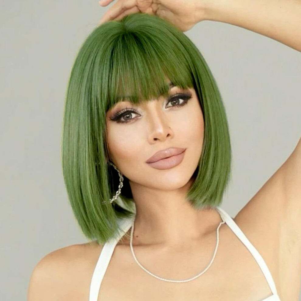 Svolna Short Bob Wig With Bangs, Synthetic Straight Hair Wigs For Women, 14 Inch Cosplay Costume Bob Wig (Dark Green)