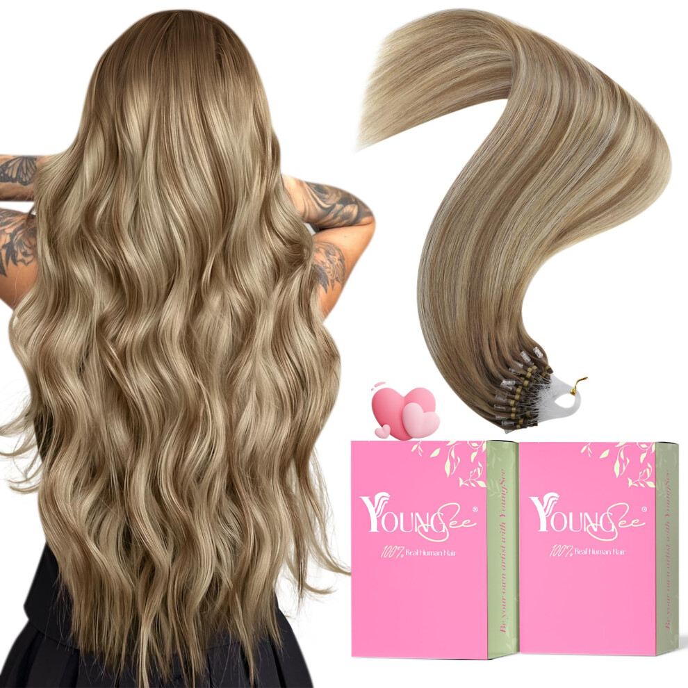 Youngsee Unisex Brown Microlink Hair Extensions Human Hair Ombre Bead Hair Extensions Real Human Hair With Blonde Balayage Micro Ring Human Hair Extensions F