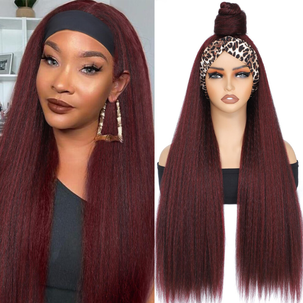 Alileona Unisex Black,Red Headband Wigs For Black Women Kinky Straight Headband Wig, 30Inch Burgundy Headband Wig For Daily Part Use (1B/Burg#)