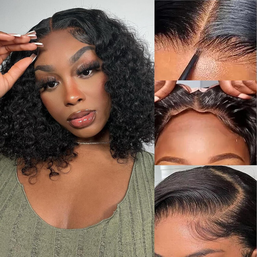Tascal Unisex Glueless Curly Bob Wig Human Hair Pre Plucked Pre Cut 4X4 Wear And Go Wigs Curly Human Hair Wigs For Women 180% Density 12 Inch