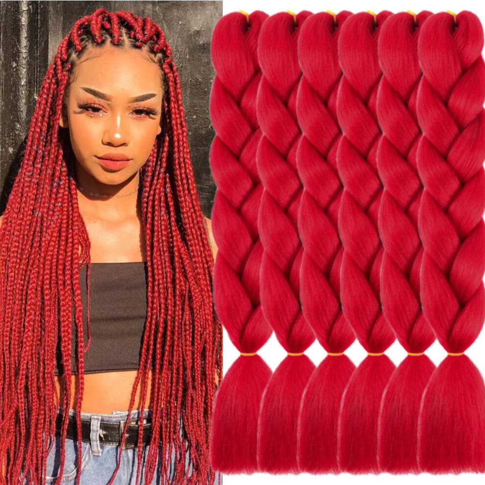 Lilyka Show Unisex Red Braiding Hair 6 Packs 24 Inch Synthetic Braid Hair Extensions Jumbo Ombre Braiding Hair Box Braids Twist Crochet Braids(24"6Pack,)