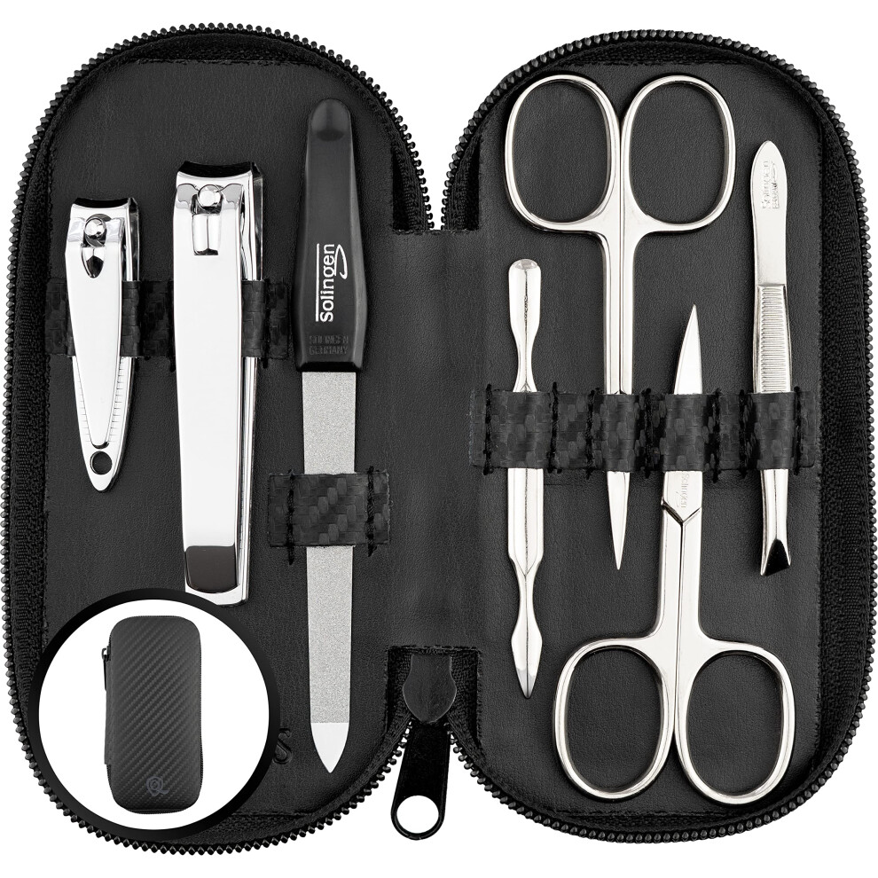Marqus Manicure Set Solingen Made In Germany - 7 Piece Exclusive Finger & Toe Nail Clippers Kit For Women And Men In Vegan Leather Case, Color Carbon