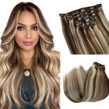 Extensiones de cabello humano Licoville rubio y marrón, clip en, cabello real, mechas rubias en marrón medio