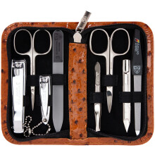 3 Swords Tyskland - 8-delars manicure pedicure set i konstläderfodral struts cognac - Tillverkat i Tyskland