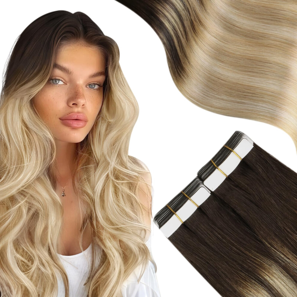 Moresoo Unisex Brown Tape In Hair Extensions Real Human Hair Ombre Tape In Extensions Balayage To Caramel Blonde Mix With Blonde Human Hair Glue In Real Hair