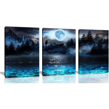 3-teiliges Mond-Hirsch-Ozean-Leinwandbild, 12 x 16 Zoll