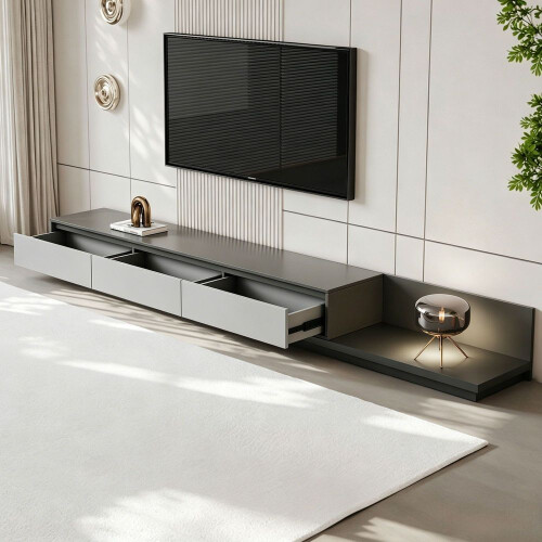 (Grey) Extendable Grey Tv Stand, 200-350cm, Dark Grey Base & 3 Drawers 1