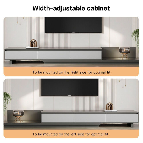 (Grey) Extendable Grey Tv Stand, 200-350cm, Dark Grey Base & 3 Drawers 2
