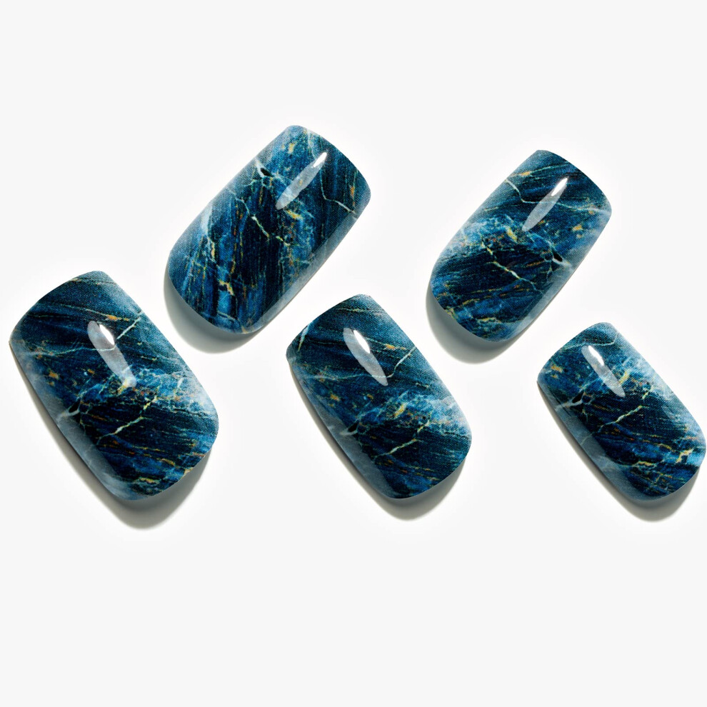 Glamermaid Ombre Press On Nails Medium Square, Fall Peacock Blue Marble Jelly Soft Gel Nails Square Fake Nail, Glossy Stick Glue 0N Nail Kit For Women