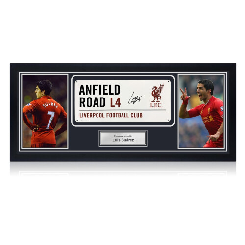 Luis Suarez Signed Liverpool Street Sign. Framed