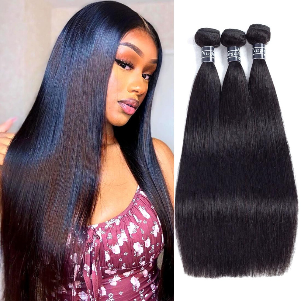 Amella Unisex Hair Brazilian Virgin Hair Straight Human Hair (20" 22" 24",300G)8A 100% Unprocessed Brazilian Straight Virgin Hair Extension Weaves Natural Bl