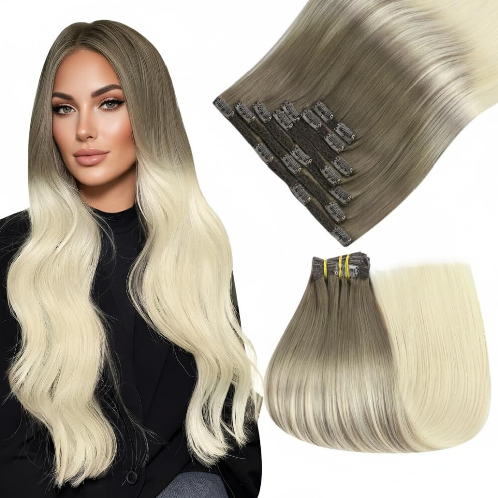 Easyouth Unisex Brown,Silver Clip In Hair Extensions Real Human Hair Ombre Hair Extensions Clip Ins Light Brown Ombre Platinum Blonde Clips In Real Human Hair Extension E