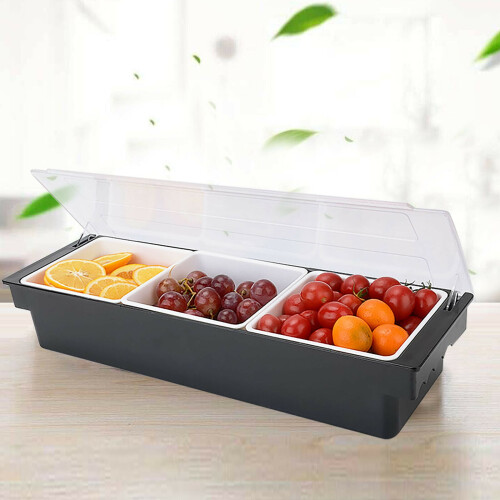 Contenitore per frutta e condimenti in ABS con coperchio e vassoio a 3 scomparti