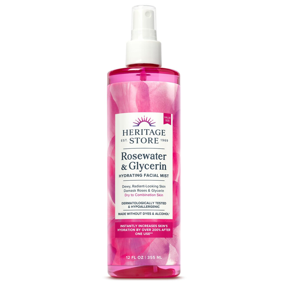 Heritage Store Rosewater & Glycerin Hydrating Facial Mist - Dry Combination Skin Care - Rose Water Spray W/Vegetable Glycerine, Made Without Dyes Or A
