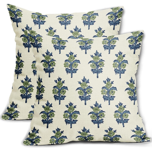 Set di 2 federe floreali verde salvia e blu, 45x45 cm.