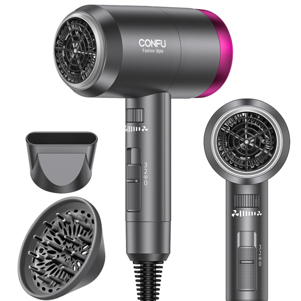 Confu Ionic Blow Dryer 1600W, Portable Lightweight Fast Drying Negative Ion Hairdryer Blowdryer, 3 Heat Settings & Infinity Speed, With Diffuser And C