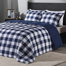 Plaid Comforter Set King 3-Piece Blue White Down