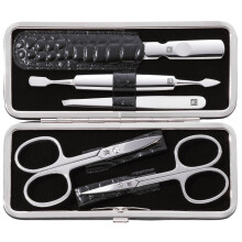 ZWILLING Manicure Set (5 piece, for fingernail and toenail care, genuine leather case with metal frame), Polished Stainless Steel, Crocodile Edition,