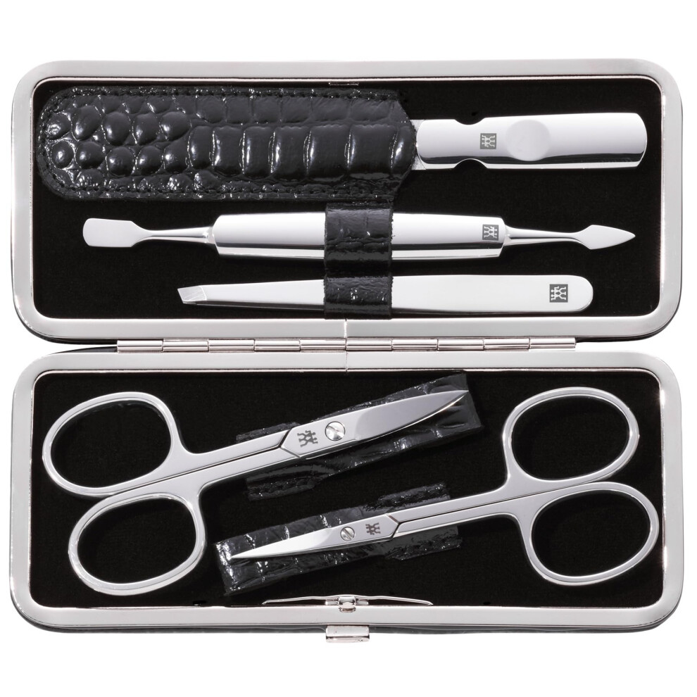Zwilling Manicure Set (5 Piece, For Fingernail And Toenail Care, Genuine Leather Case With Metal Frame), Polished Stainless Steel, Crocodile Edition,