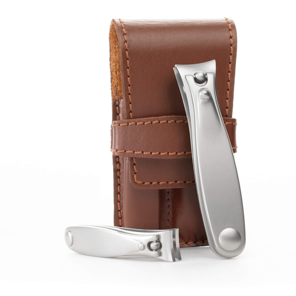 Germanikure Nail Clippers Set In Brown Leather Case - Ethically Made In Solingen Germany, Finox Stainless Steel Tools - Professional Quality Manicure