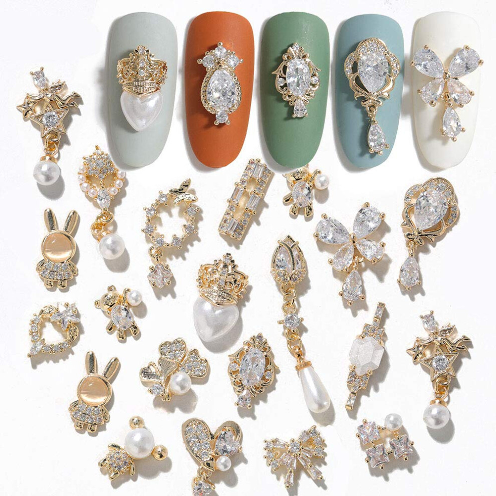 Hnuix 30Pcs Nail Art Crystal Pearl Charms Mix Shapes Zircon Dangle Rhinestones Nail Jewelry 3D Dangle Nail Charms Crystal Metal Nail Gems Nail Flowers Jewel