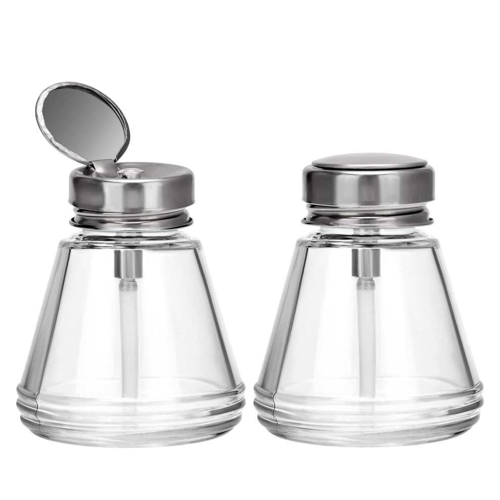 Barberplan 150Ml Pump Dispenser Bottle, Tapered Metal Flip Cover Clear Glass Bottle For Nail Polish Remover, Makeup Remover, Alcohol