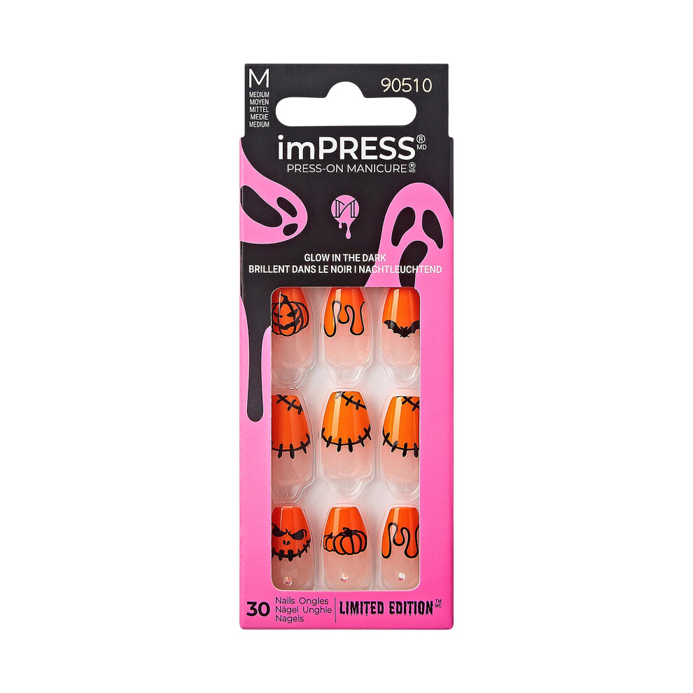 Impress Orange Kiss Press-On Manicure Halloween, Medium Length, Coffin Shape, Purefit Technology, Chip Proof, Smudge Proof, Waterproof, Prep Pad, Min