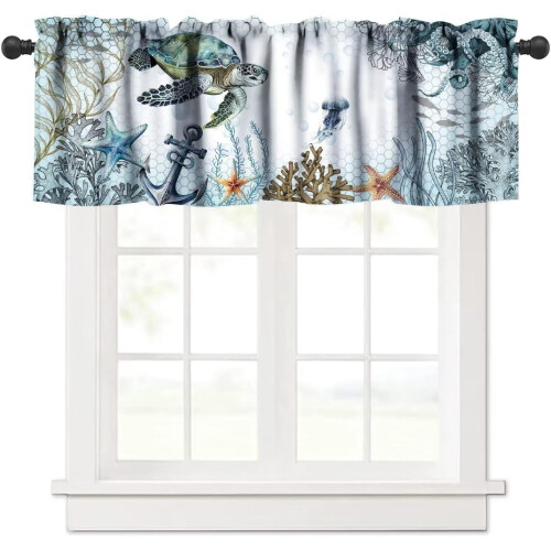 Sea Turtle Valance, Blue Teal Nautical Print Polyester