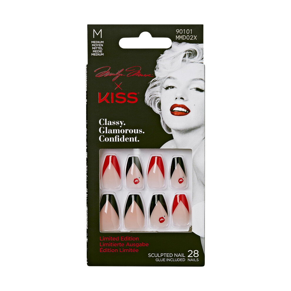 Kiss Marilyn Monroe X Limited Edition Glue-On Nails, 28 Fake Nails, Gel Nail Glue Net Wt. 2G (0.07 Oz.), Mini Nail File, Wooden Manicure Stick (Legend