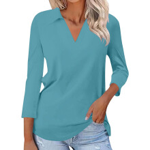 Long Sleeve Womens Tops Dressy Casual V Neck Polo-peacockblue L