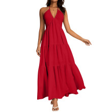Women's backless halter dress, deep V-neck long dress,-Red M