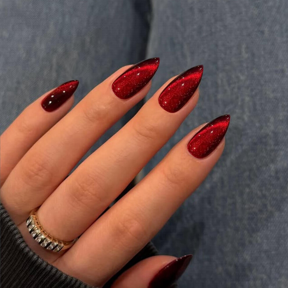 Sxvme Red Cat Eye Wine Press On Nails Medium Short Almond Shaped - 30Pcs Stiletto Fake Nails Acrylic Press Ons Natural Thick Gel Nails Short Glue On Nails O