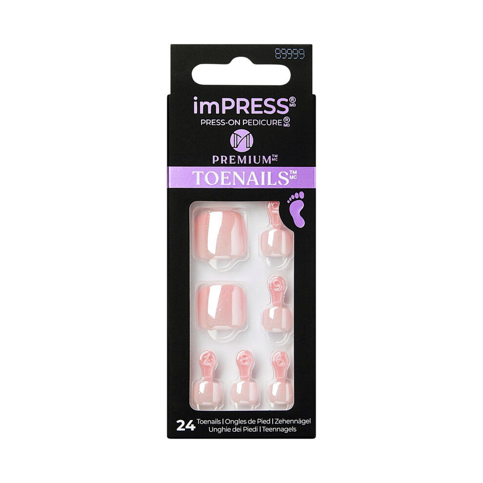 Kiss Pink,White Impress No Glue Pedi Press-On Toenails, Light Pink Nails With Pearl, Squoval Shape, Includes 24 Nails, Prep Pad, 1 Manicure Stick, 1 Mini File