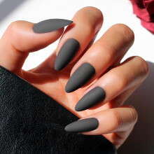 Glamnetic Press On Nails - Red Bottom | Red Accent Dual Side Medium Almond Fake Nails with a Black Matte Finish, Salon Quality Halloween Nails | 15 Si