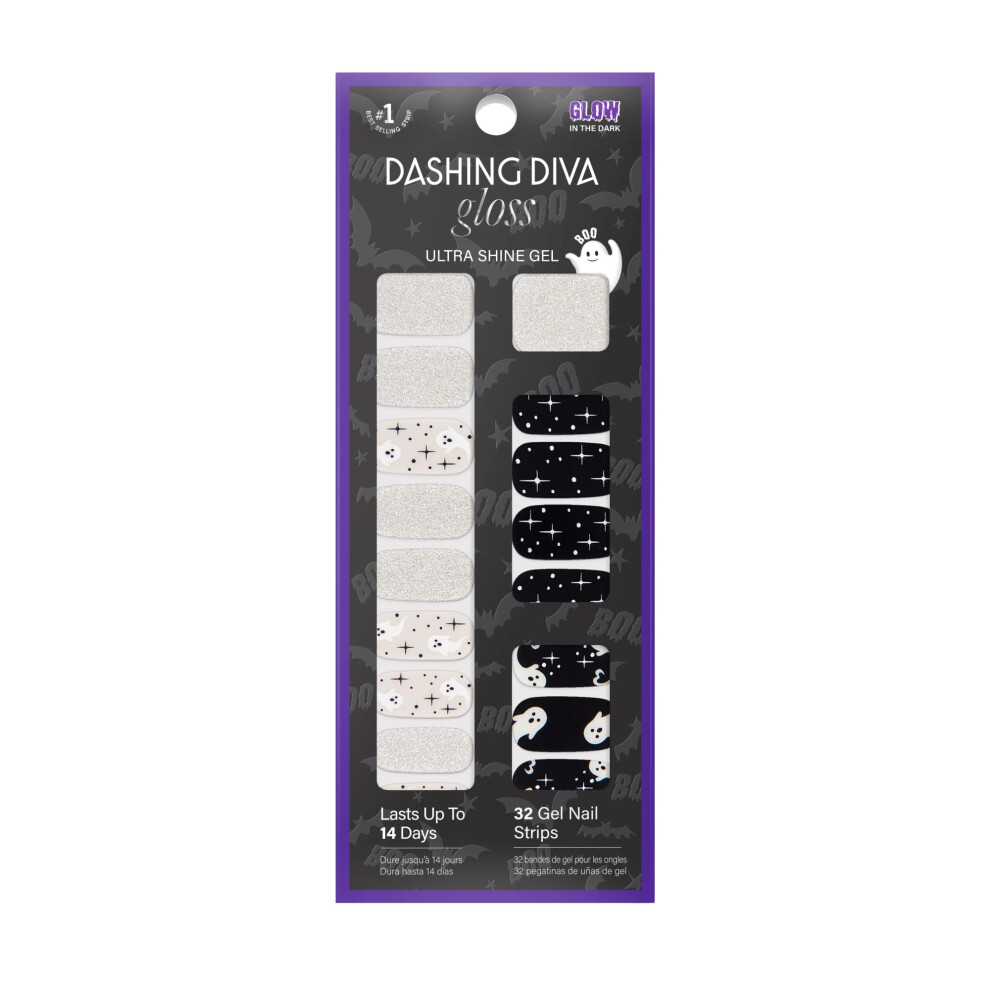 Dashing Diva Gloss Nail Strips - Ghostly Touch - Uv Free, Chip Resistant, Long Lasting Gel Nail Stickers - 3-Piece Halloween Glow-In-The-Dark Manicure