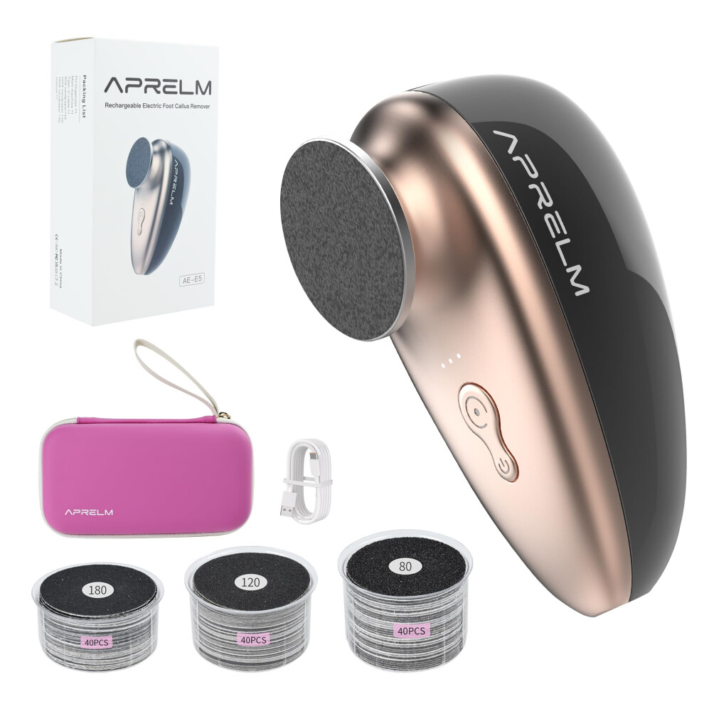 Aprelm -E5 Rechargeable Electric Foot Callus Remover With 3-Sizes 120Pcs Sandpapers, Professional 1000Rpm Electric Foot File With Organizer, Pedicure T