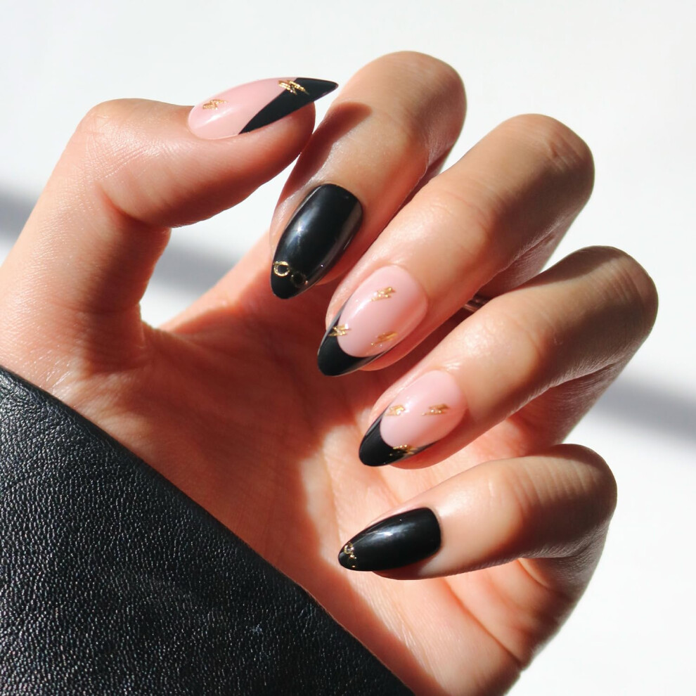 Glamnetic Black Press On Nails X Harry Potter - Harry Potter | Short Almond Fake Nails With French Tips, Glasses & Hidden Lightning Details, Officiall