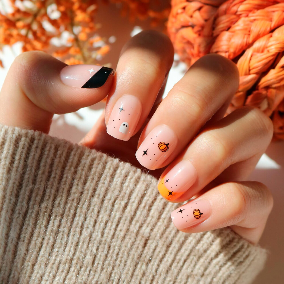 Glamnetic Press On Nails - Tiny Pumpkin | Short Squoval French Tip Fake Nails With Pumpkin Graphics & Glossy Finish, Salon Quality Halloween Nails | 1