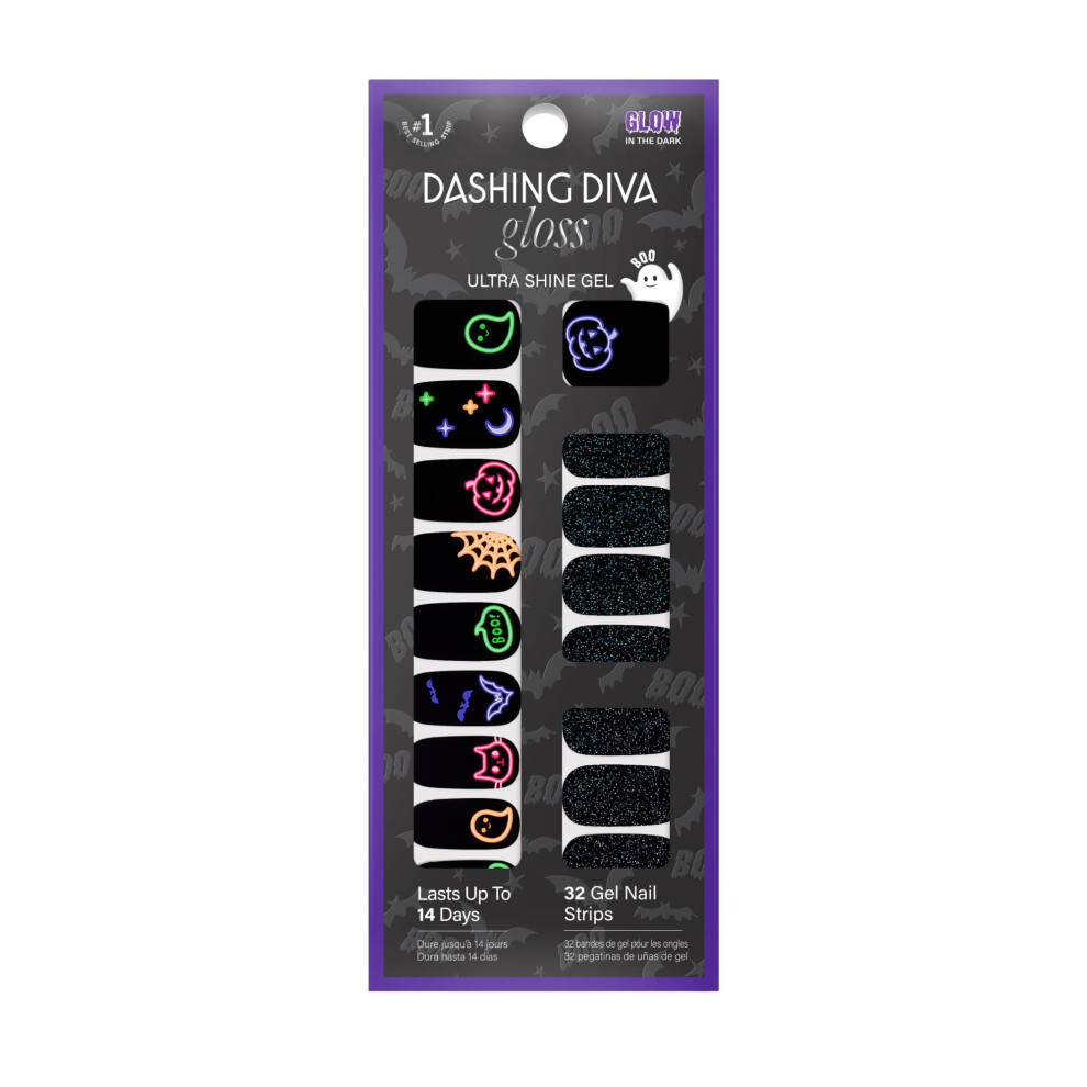 Dashing Diva Gloss Nail Strips - Deja Boo - Uv Free, Chip Resistant, Long Lasting Gel Nail Stickers - 3-Piece Halloween Glow-In-The-Dark Manicure Set