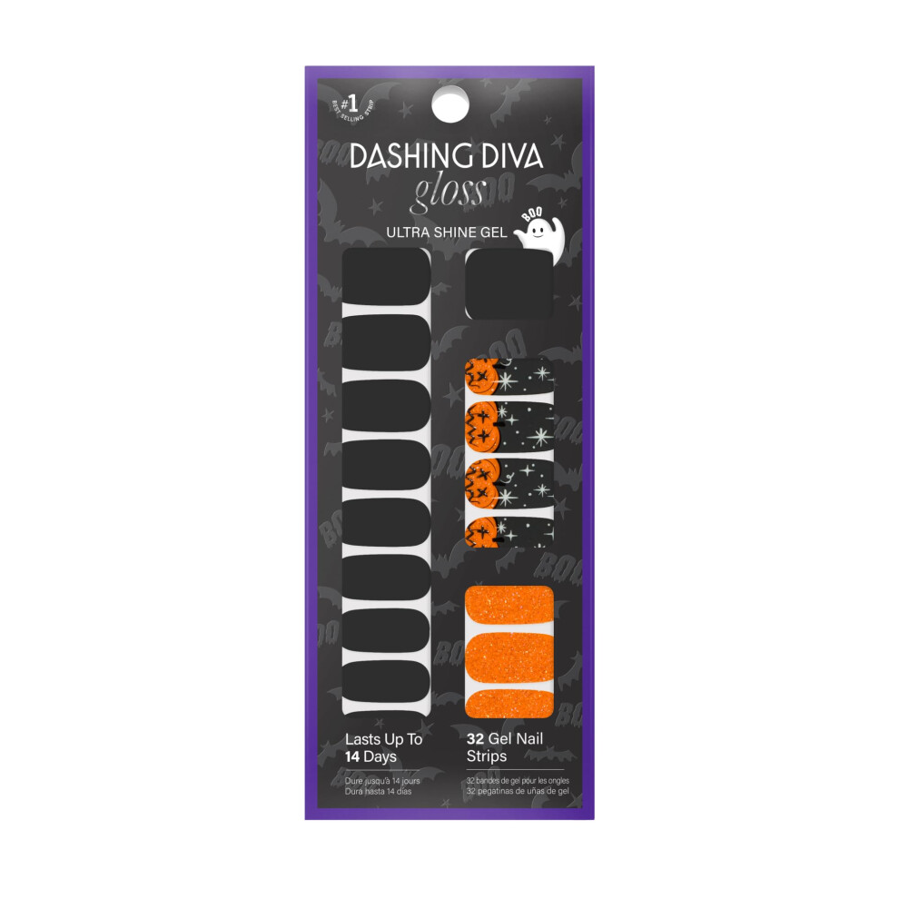 Dashing Diva Gloss Nail Strips - Hey Pumpkin - Uv Free, Chip Resistant, Long Lasting Gel Nail Stickers - 3-Piece Halloween Manicure Set - Contains 32