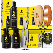 Beard Club Skäggkit för män - Grooming & Skötsel - Cedar & Sandalwood Olja, Balm, Shampoo, Borste, Kamm, Sax