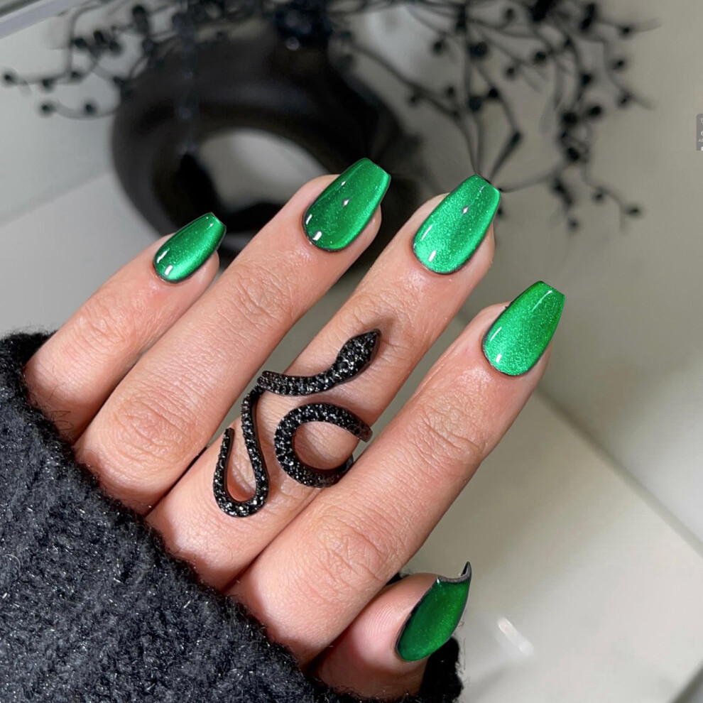 Sxvme Medium Short Press On Nails Square - Spring Cat Eye Green Fake Nails Coffin Acrylic Nails Press Ons Glue On Nails Opaque Glitter Short False Nails In