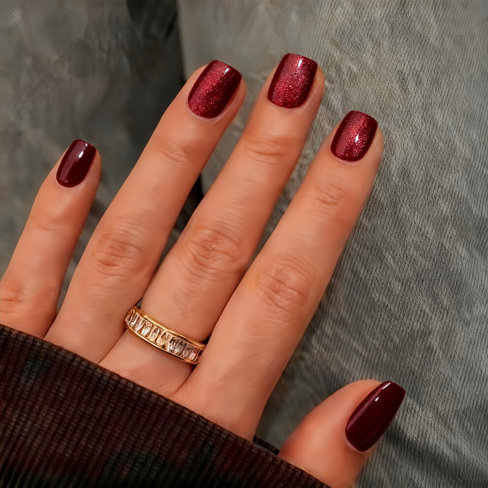 Sxvme Medium Short Press On Nails Square - Cat Eye Wine Red Fake Nails Acrylic Press Ons Glue On Nails Opaque Glitter Short False Nails In 30 Pcs For Women