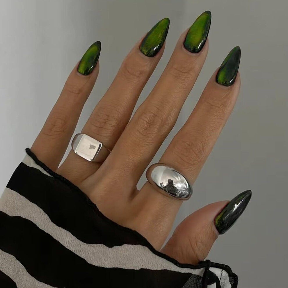 Sxvme Green,Black Cat Eye Black Neon Green Press On Nails Medium Almond Shaped - 30Pcs Stiletto Fake Nails Acrylic Press Ons Natural Thick Gel Nails Short Glue On Nails
