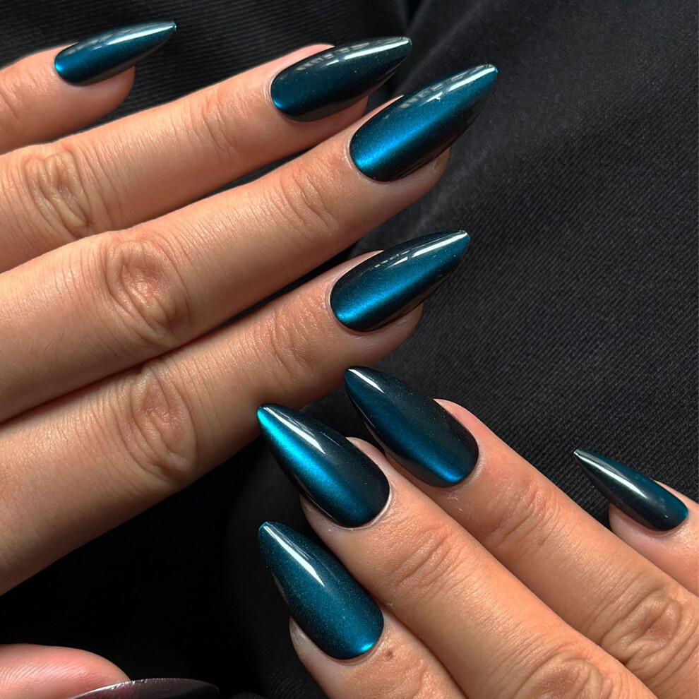 Sxvme Blue,Black Cat Eye Dark Blue Press On Nails Medium Almond Shaped - 30Pcs Black Stiletto Fake Nails Acrylic Press Ons Natural Thick Gel Nails Opaque Glitter