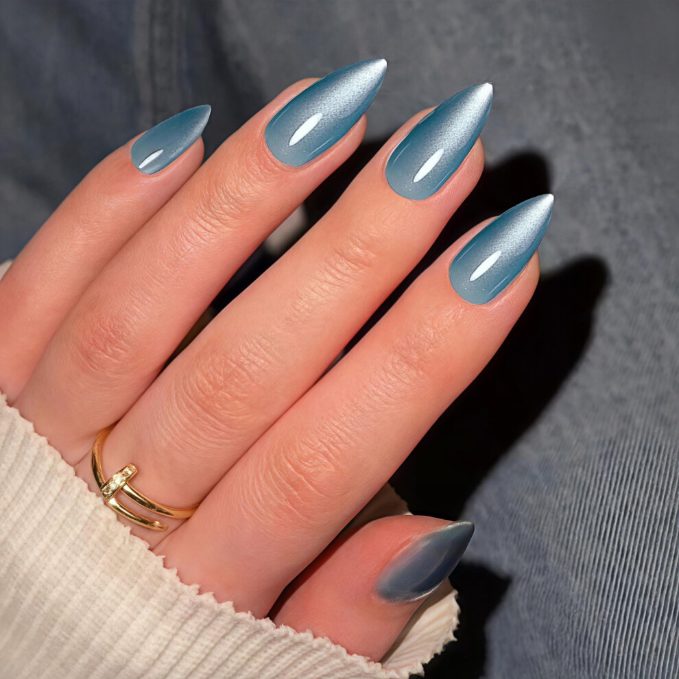 Sxvme Blue Cat Eye Light Press On Nails Medium Short Almond Shaped - 30Pcs Stiletto Fake Nails Acrylic Press Ons Natural Thick Gel Nails Short Glue On Nails